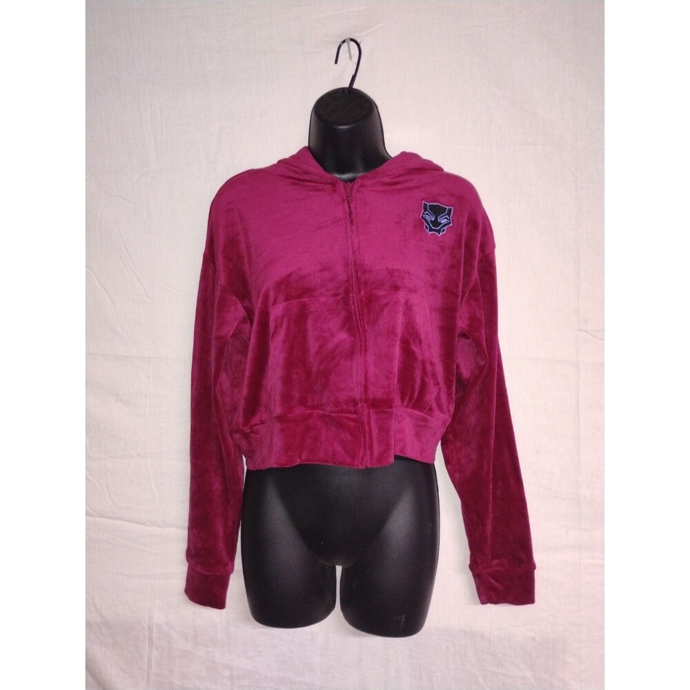Women's Marvel Wakanda Forever Hoodie Raspberry Velour Jacket Juniors SM